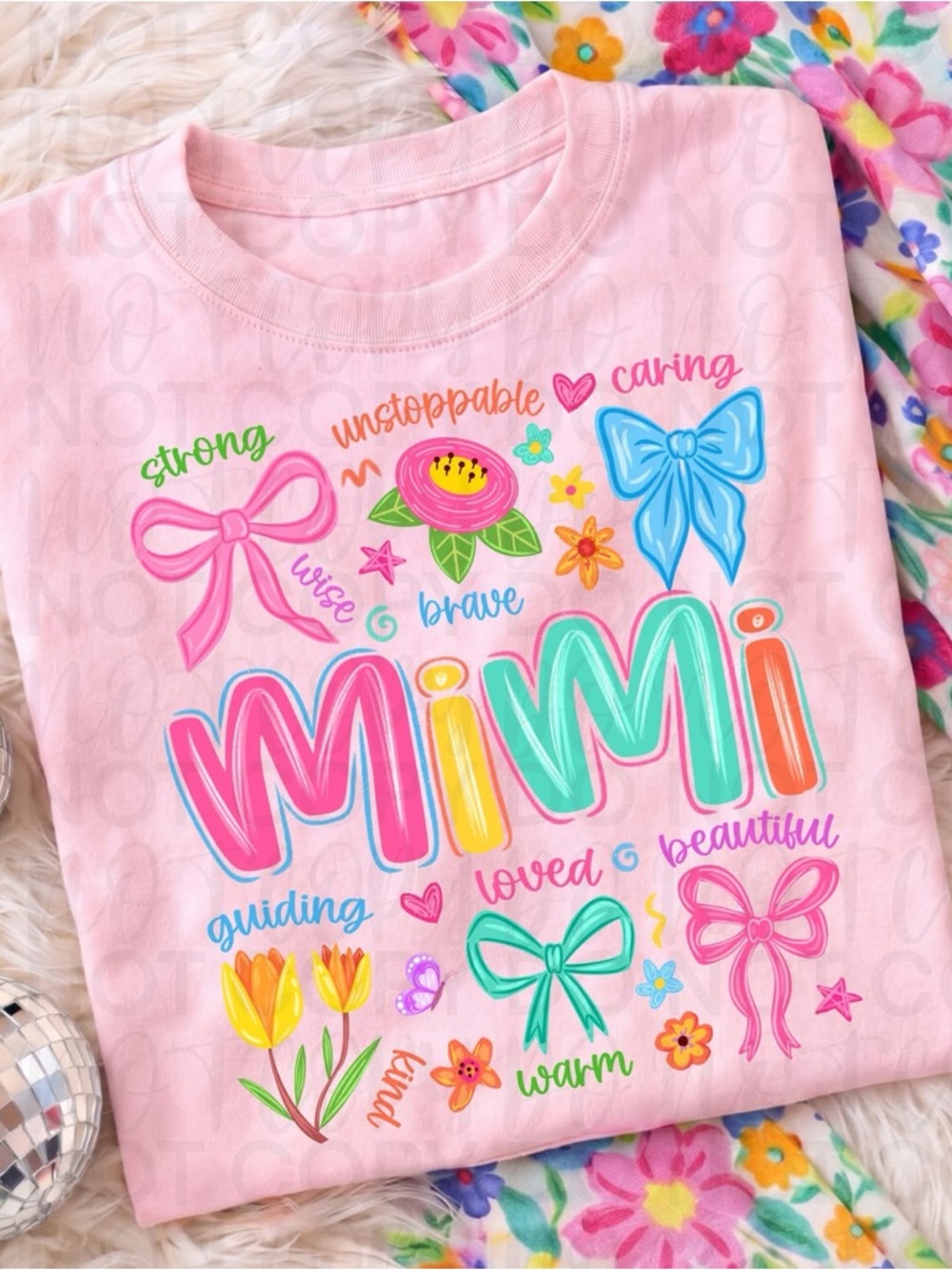 Pink "Mimi" Comfort Colors Graphic Tshirt With Colorful Bows & Floral Art